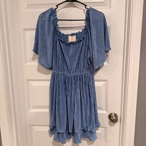 Blue Pleated Flutter Sleeve Dress – Flowy & Feminine